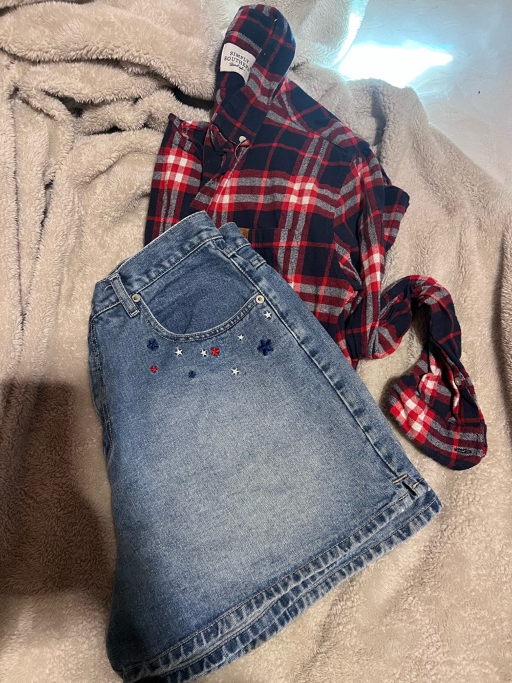 Mountain Lake Blue Denim Jean Shorts with Red & Blue Star Embroidery